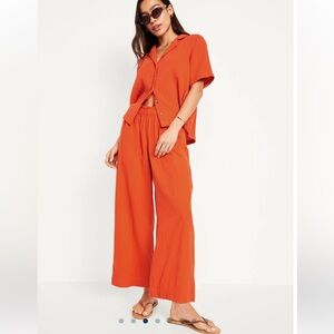 High waisted crinkle gauze pull on ankle pants